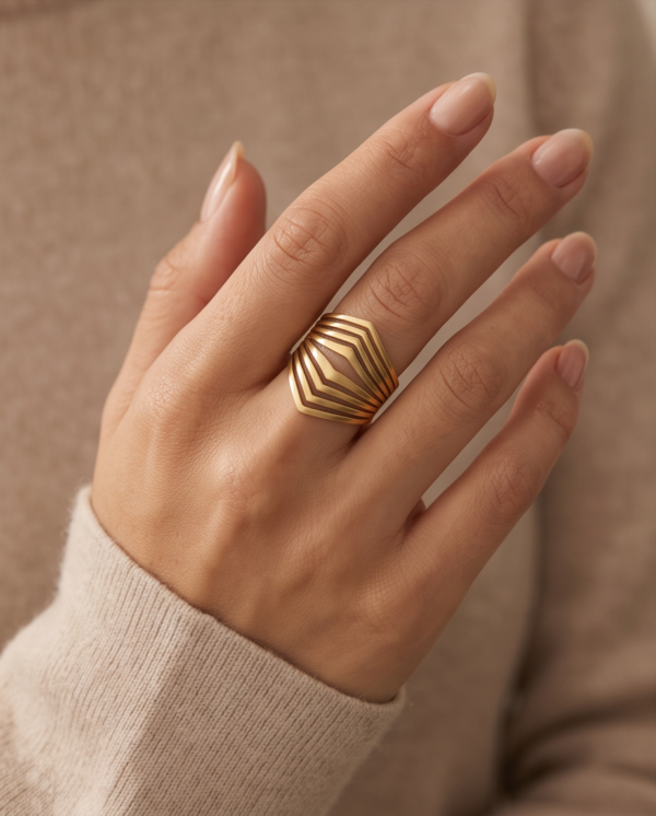 Gold-Tone Stainless Steel Chevron Cage Ring – Multi-Line Geometric Design