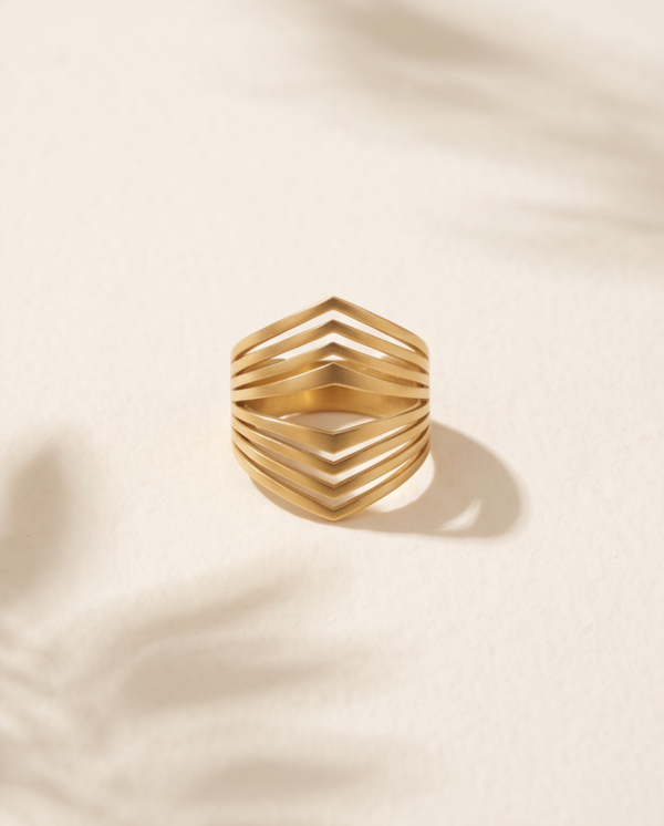 Gold-Tone Stainless Steel Chevron Cage Ring – Multi-Line Geometric Design