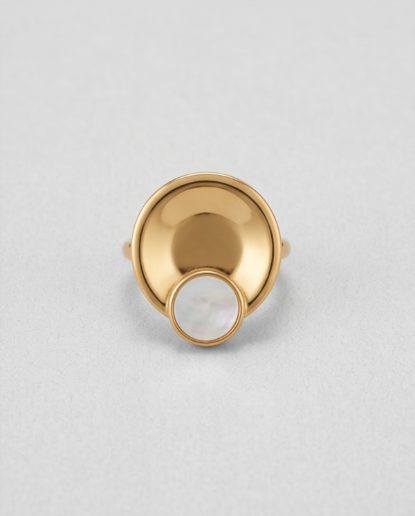 Gold-Tone Stainless Steel Layered Disc Ring – Mother-of-Pearl Accent