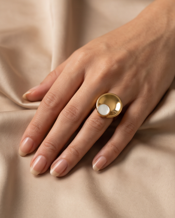 Gold-Tone Stainless Steel Layered Disc Ring – Mother-of-Pearl Accent