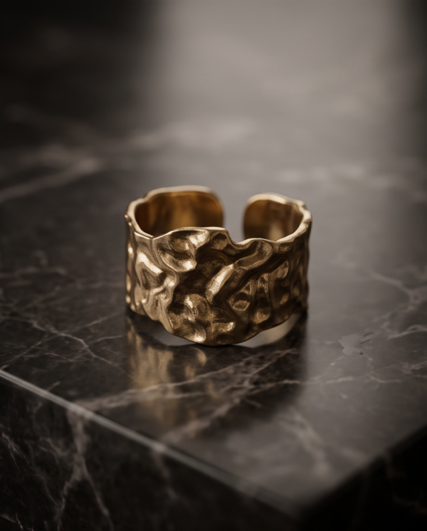img_0956 Molten Textured Wide Cuff Ring — Gold-Tone Stainless Steel, Adjustable