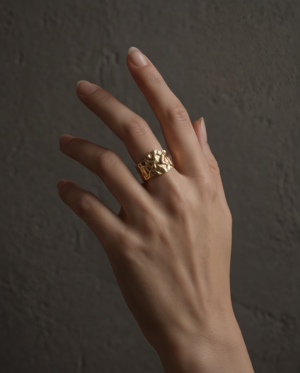 Molten Textured Wide Cuff Ring — Gold-Tone Stainless Steel, Adjustable