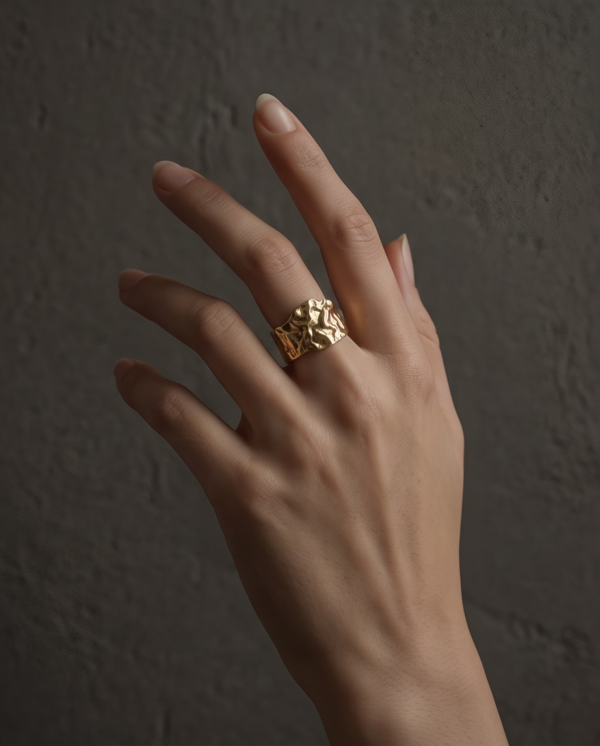 img_0958 Molten Textured Wide Cuff Ring — Gold-Tone Stainless Steel, Adjustable