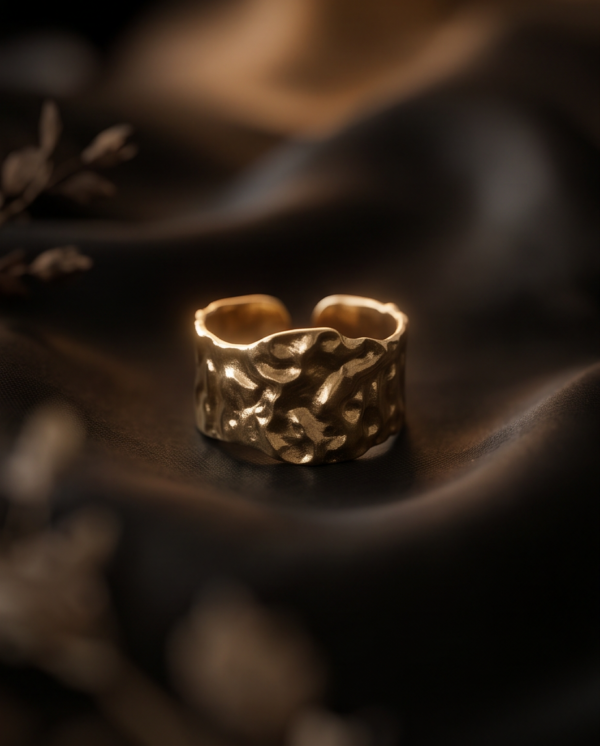 img_0959 Molten Textured Wide Cuff Ring — Gold-Tone Stainless Steel, Adjustable