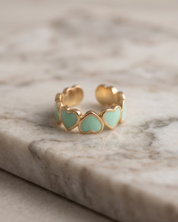 img_0960 Mint Enamel Heart Band Ring — Gold-Tone Stainless Steel, Adjustable