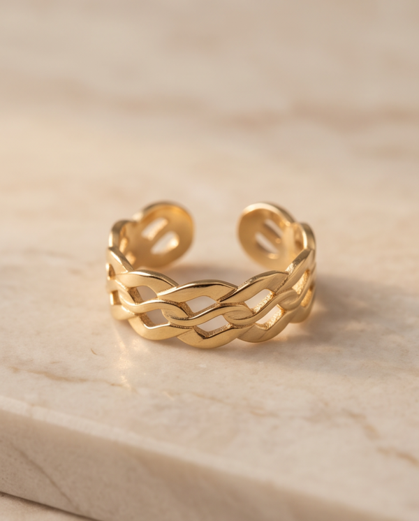Braided Weave Wide Band Ring — Gold-Tone Stainless Steel, Adjustable