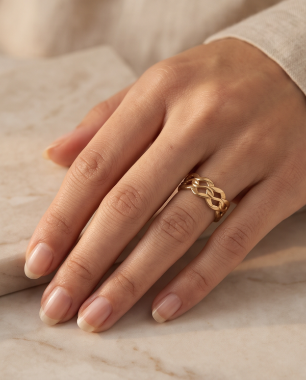 Braided Weave Wide Band Ring — Gold-Tone Stainless Steel, Adjustable