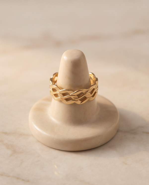 Braided Weave Wide Band Ring — Gold-Tone Stainless Steel, Adjustable