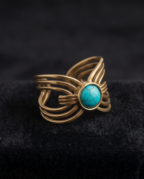 Turquoise Stone Multi-Band Wire Ring — Gold-Tone Stainless Steel
