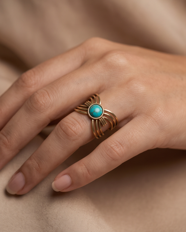 Turquoise Stone Multi-Band Wire Ring — Gold-Tone Stainless Steel