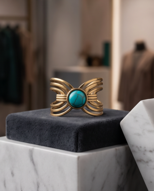 Turquoise Stone Multi-Band Wire Ring — Gold-Tone Stainless Steel