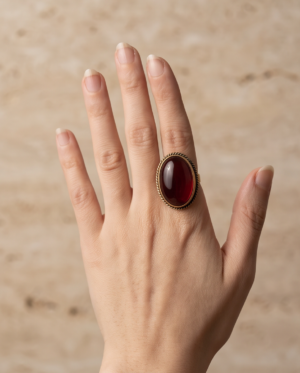 Oval Ruby-Red Stone Statement Ring — Vintage Copper Tone, Adjustable