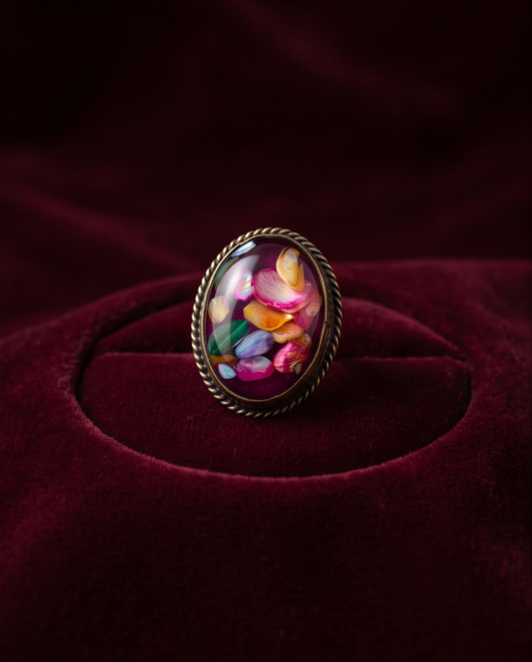 Oval Floral Art Stone Statement Ring — Vintage Copper Tone, Adjustable