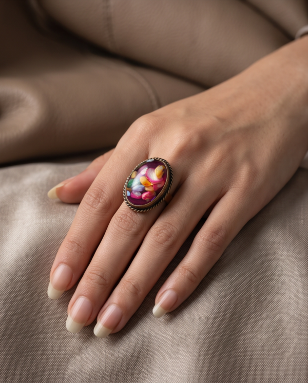 Oval Floral Art Stone Statement Ring — Vintage Copper Tone, Adjustable
