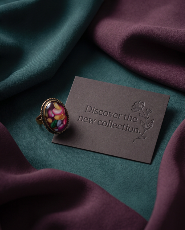 Oval Floral Art Stone Statement Ring — Vintage Copper Tone, Adjustable