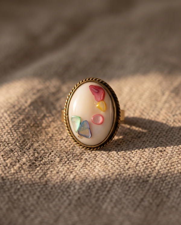 Oval Ivory Stone Ring with Multicolour Inlay — Vintage Copper Tone, Adjustable