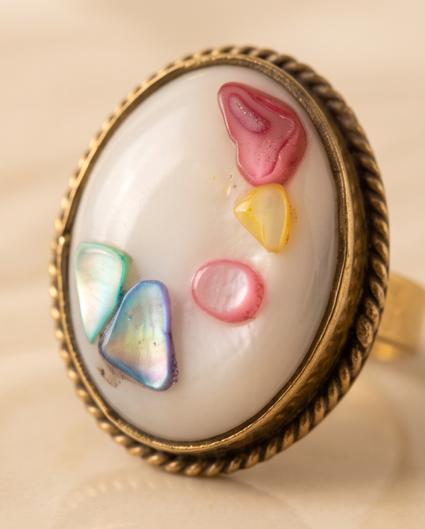 Oval Ivory Stone Ring with Multicolour Inlay — Vintage Copper Tone, Adjustable