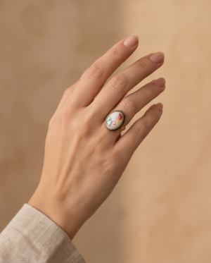 Oval Ivory Stone Ring with Multicolour Inlay — Vintage Copper Tone, Adjustable