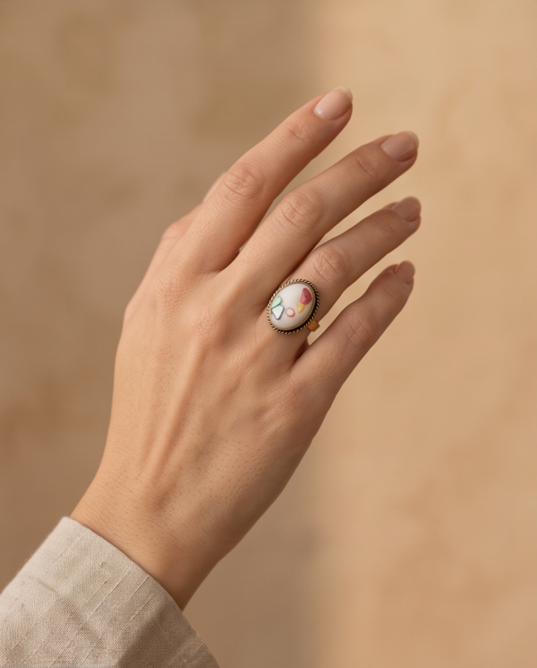 Oval Ivory Stone Ring with Multicolour Inlay — Vintage Copper Tone, Adjustable