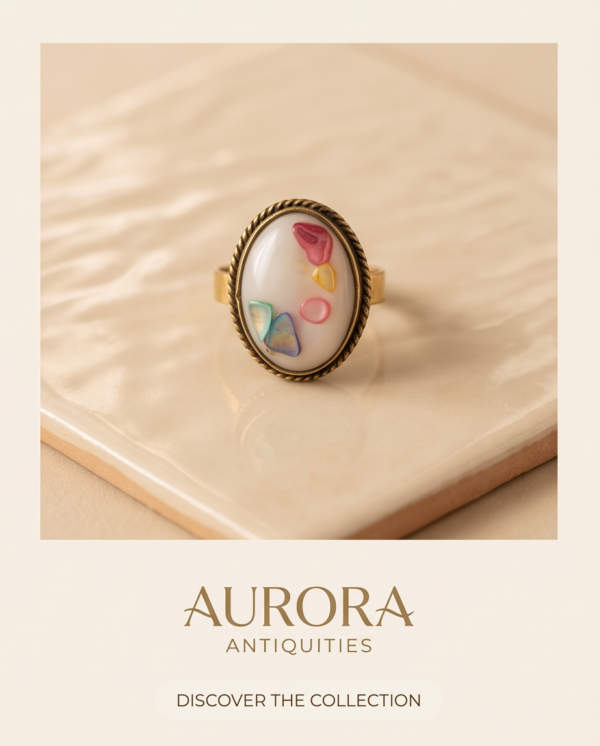 Oval Ivory Stone Ring with Multicolour Inlay — Vintage Copper Tone, Adjustable