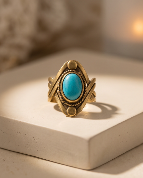 Turquoise Oval Stone Bohemian Ring — Vintage Copper Tone, Adjustable