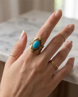 Turquoise Oval Stone Bohemian Ring — Vintage Copper Tone, Adjustable