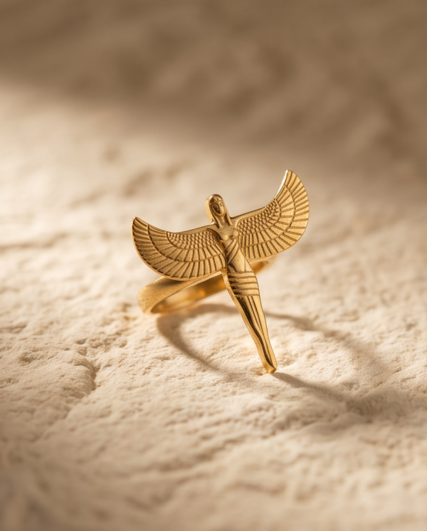 Winged Isis Goddess Ring — Pharaonic Gold-Tone Stainless Steel, Open Adjustable