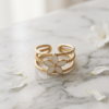 Mother-of-Pearl Flower Triple-Band Ring — Gold-Tone Stainless Steel, Adjustable