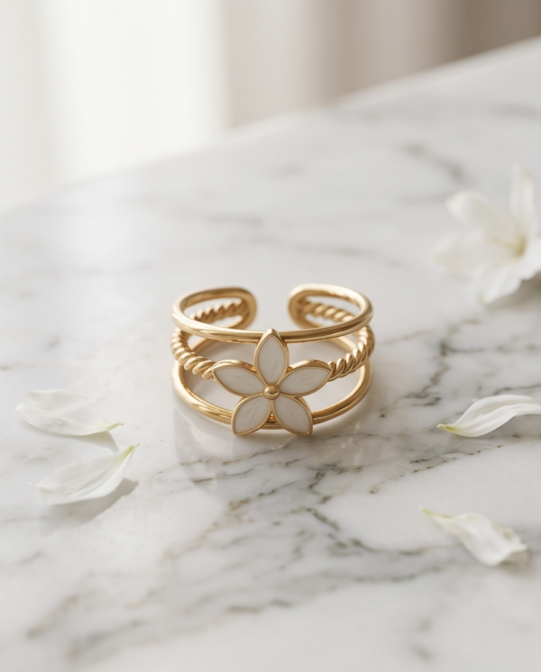 Mother-of-Pearl Flower Triple-Band Ring — Gold-Tone Stainless Steel, Adjustable