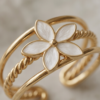 Mother-of-Pearl Flower Triple-Band Ring — Gold-Tone Stainless Steel, Adjustable