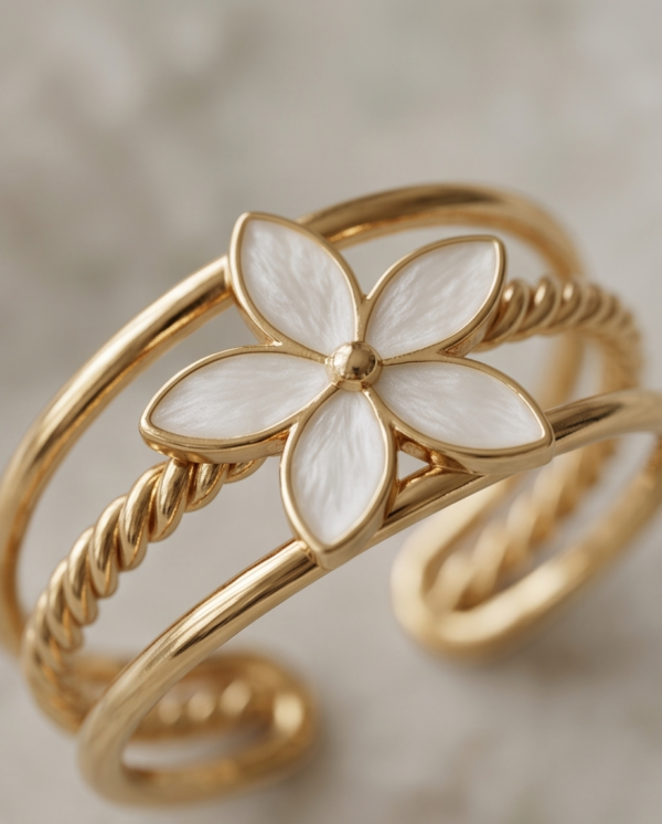 Mother-of-Pearl Flower Triple-Band Ring — Gold-Tone Stainless Steel, Adjustable