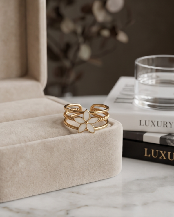 Mother-of-Pearl Flower Triple-Band Ring — Gold-Tone Stainless Steel, Adjustable