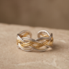 Two-Tone Braided Wide Band Ring — Gold & Silver Stainless Steel, Adjustable