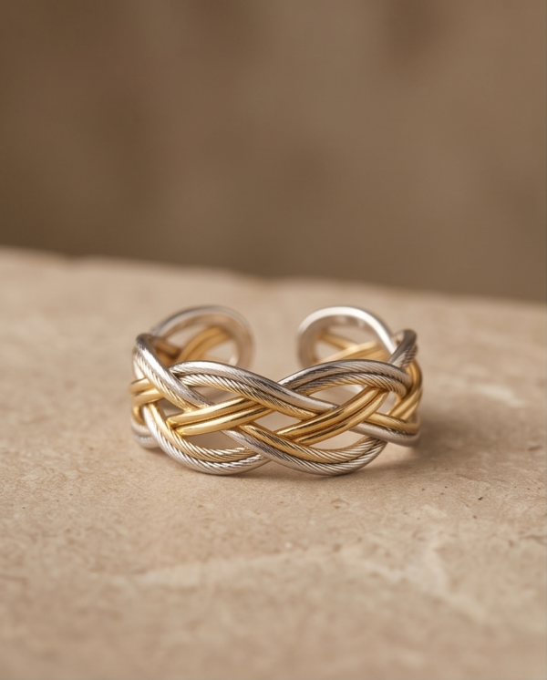 Two-Tone Braided Wide Band Ring — Gold & Silver Stainless Steel, Adjustable