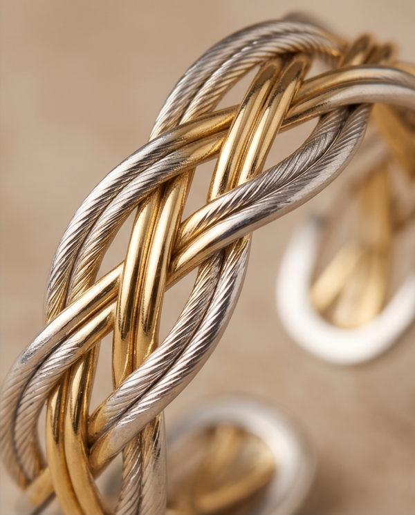 Two-Tone Braided Wide Band Ring — Gold & Silver Stainless Steel, Adjustable