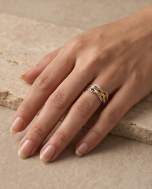 Two-Tone Braided Wide Band Ring — Gold & Silver Stainless Steel, Adjustable