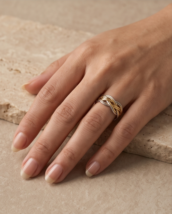Two-Tone Braided Wide Band Ring — Gold & Silver Stainless Steel, Adjustable