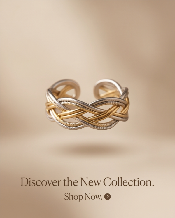 Two-Tone Braided Wide Band Ring — Gold & Silver Stainless Steel, Adjustable