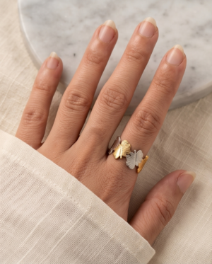 Two-Tone Four-Leaf Clover Band Ring — Gold & Silver Stainless Steel, Adjustable