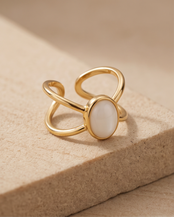 Oval Mother-of-Pearl Double-Band Ring — Gold-Tone Stainless Steel, Adjustable