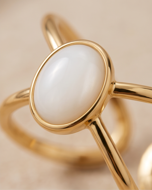 Oval Mother-of-Pearl Double-Band Ring — Gold-Tone Stainless Steel, Adjustable