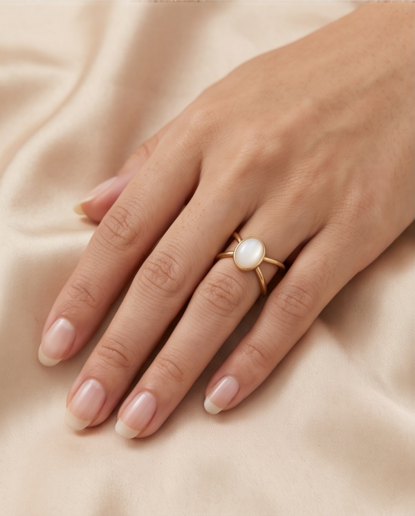 Oval Mother-of-Pearl Double-Band Ring — Gold-Tone Stainless Steel, Adjustable