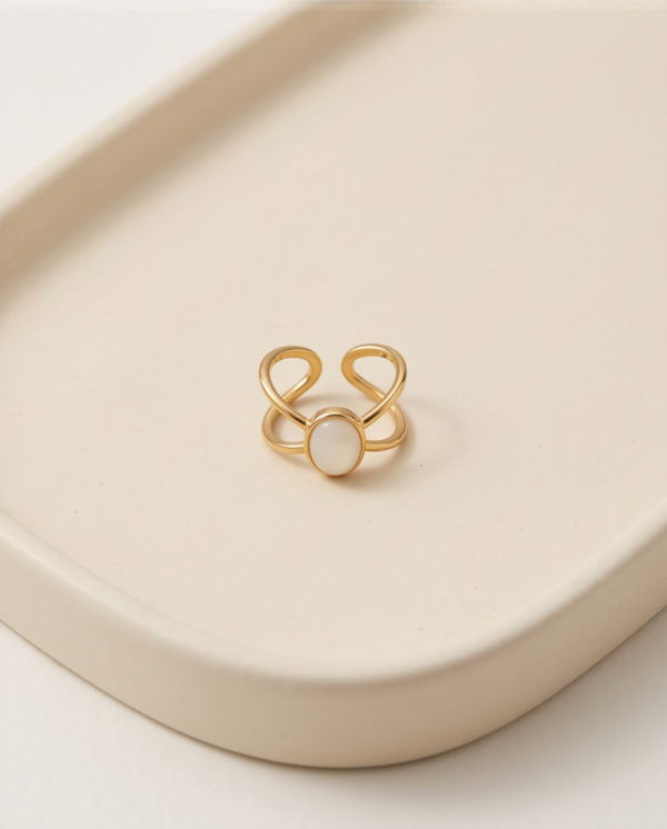Oval Mother-of-Pearl Double-Band Ring — Gold-Tone Stainless Steel, Adjustable