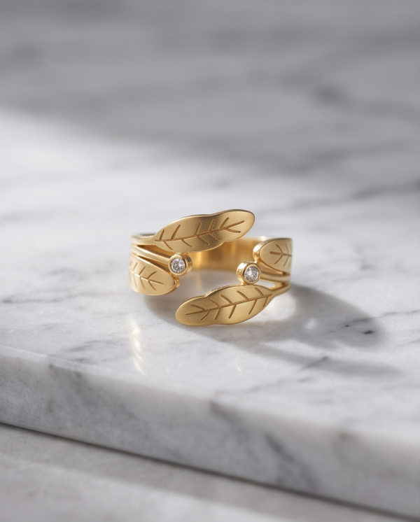 Leaf Wrap Ring with Crystal Accents — Gold-Tone Stainless Steel, Adjustable
