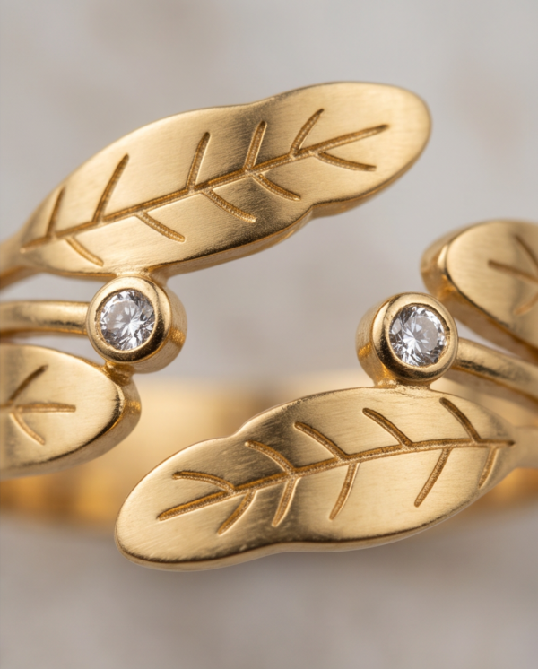 Leaf Wrap Ring with Crystal Accents — Gold-Tone Stainless Steel, Adjustable