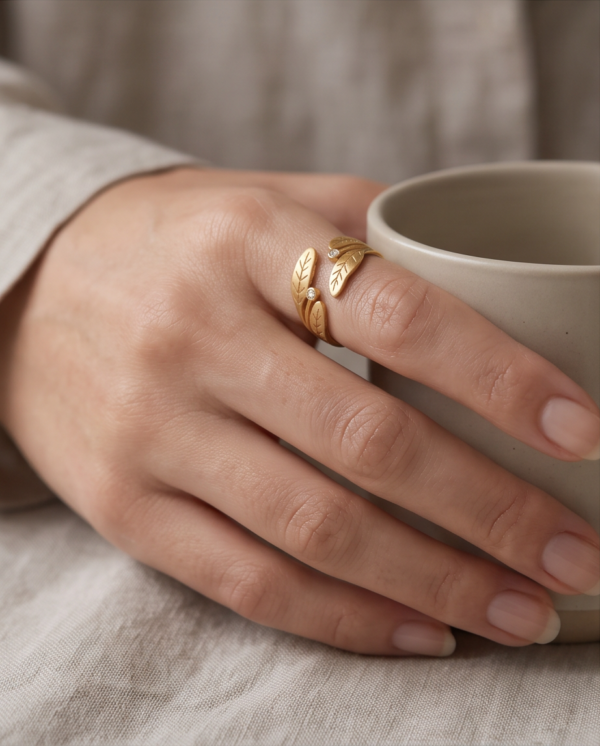 Leaf Wrap Ring with Crystal Accents — Gold-Tone Stainless Steel, Adjustable