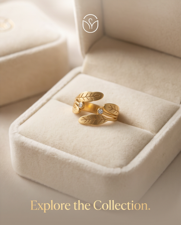 Leaf Wrap Ring with Crystal Accents — Gold-Tone Stainless Steel, Adjustable