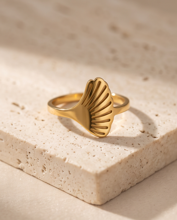 Seashell Signet Ring — Gold-Tone Stainless Steel, Sculpted Fan Design