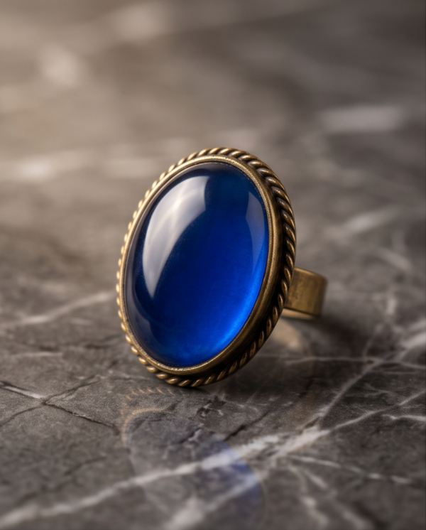 Oval Sapphire-Blue Stone Statement Ring — Vintage Copper Tone, Adjustable