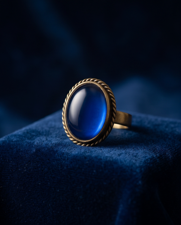 Oval Sapphire-Blue Stone Statement Ring — Vintage Copper Tone, Adjustable